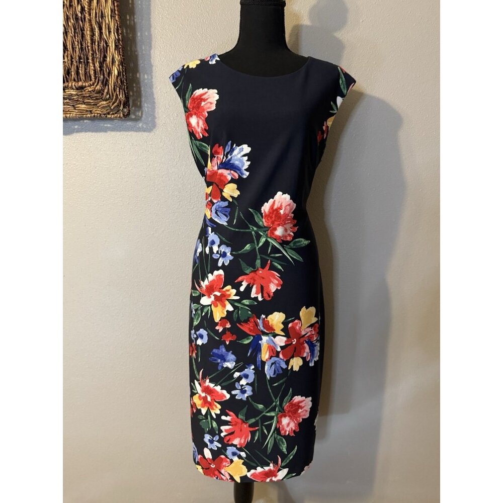 Vince Camuto Dress 14 Navy Blue Florals Stretch Sheath Washable NEW $148 - Picture 10 of 12